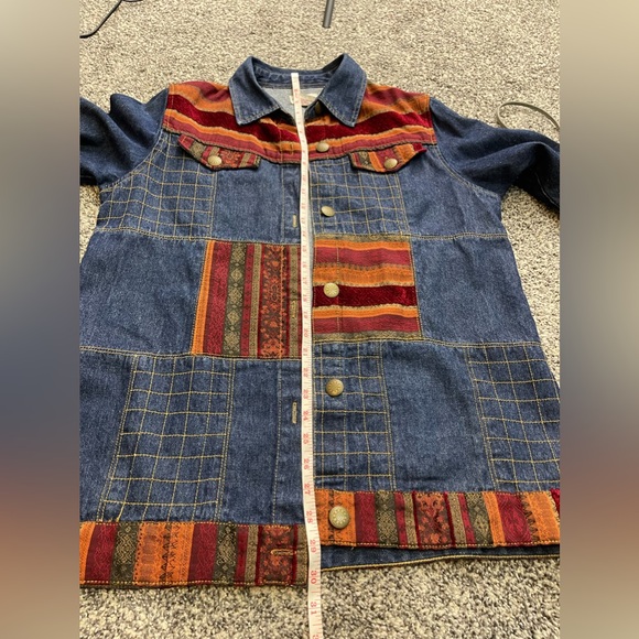 Vintage 90s Tibetan Woven Patchwork Panels Denim Long Line Hippie Jacket Sz S - Picture 8 of 8
